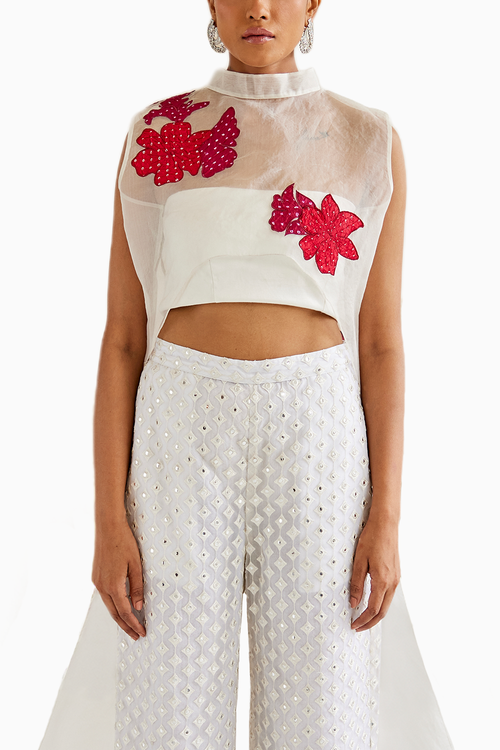 White Organza Applique Trail Top with Mirrorwork Palazzos