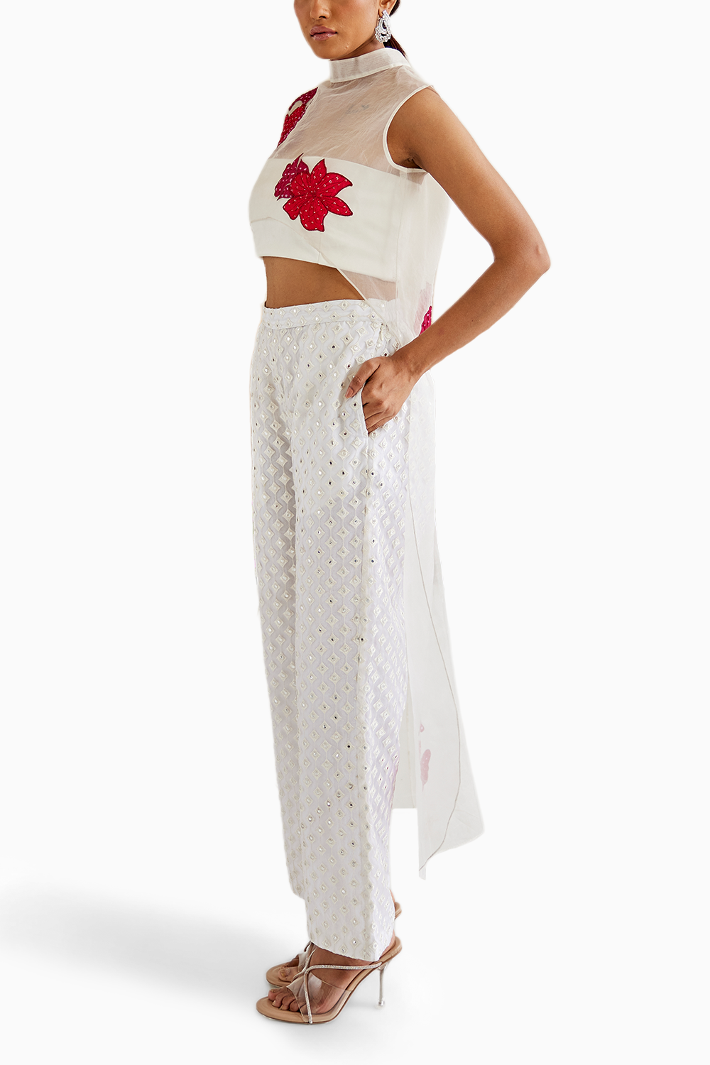 White Organza Applique Trail Top with Mirrorwork Palazzos