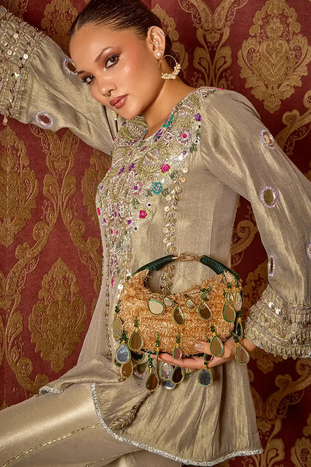 Seher Green and Golden Boat Bag