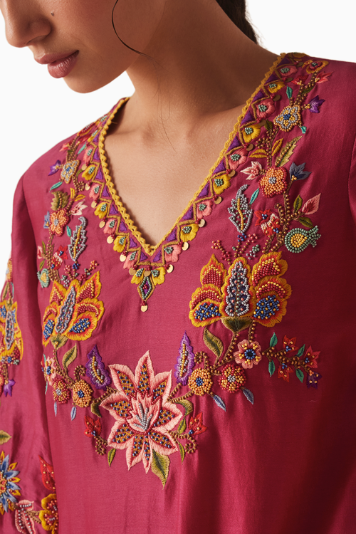 Fuchsia Embroidered Kurta With Organza Detail Pants