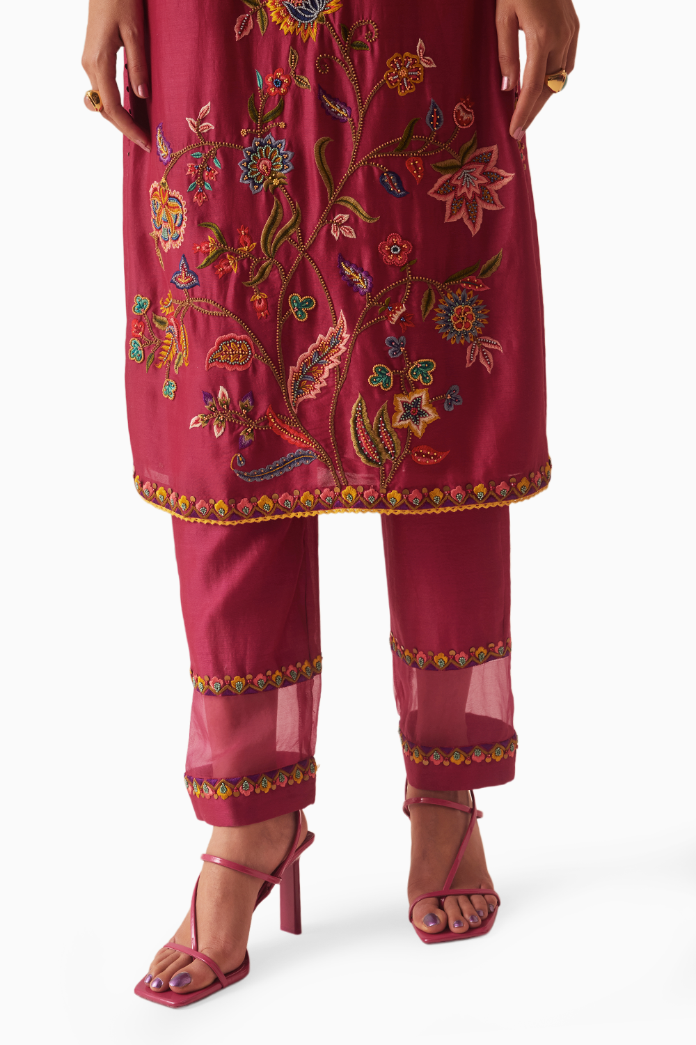 Fuchsia Embroidered Kurta With Organza Detail Pants