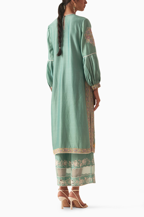 Aqua Contrast Embroidered Kurta With Cutwork Pants