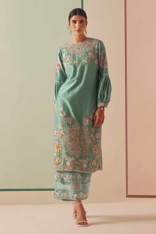 Aqua Contrast Embroidered Kurta With Cutwork Pants