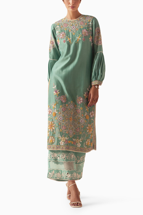 Aqua Contrast Embroidered Kurta With Cutwork Pants