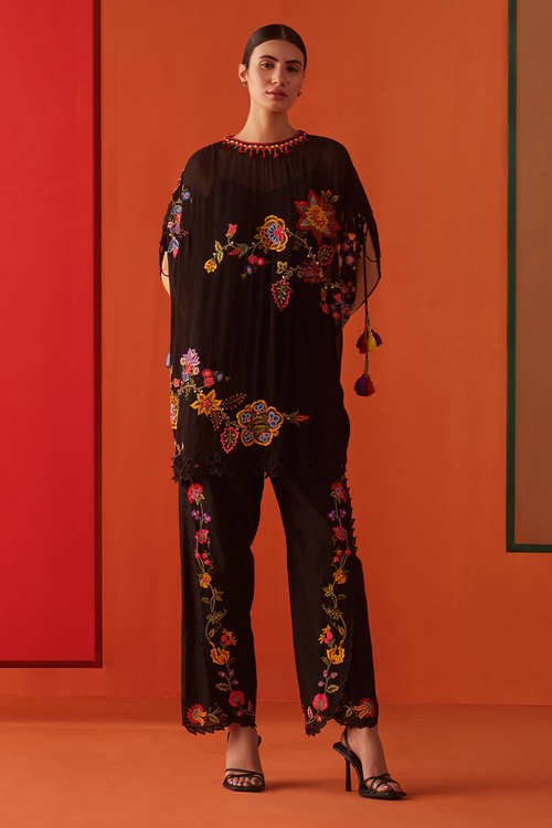 Black Threadwork Kaftan Tulip Pants