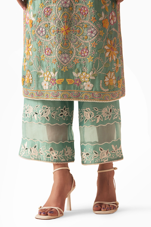 Aqua Contrast Embroidered Kurta With Cutwork Pants