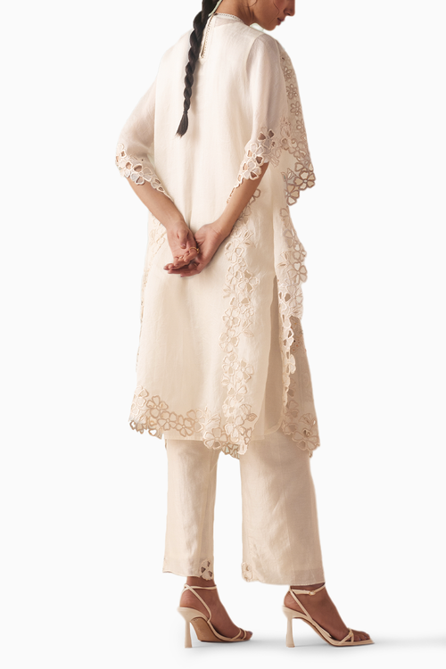 Ivory Tonal Beadwork And Cutwork Kaftan and Pants