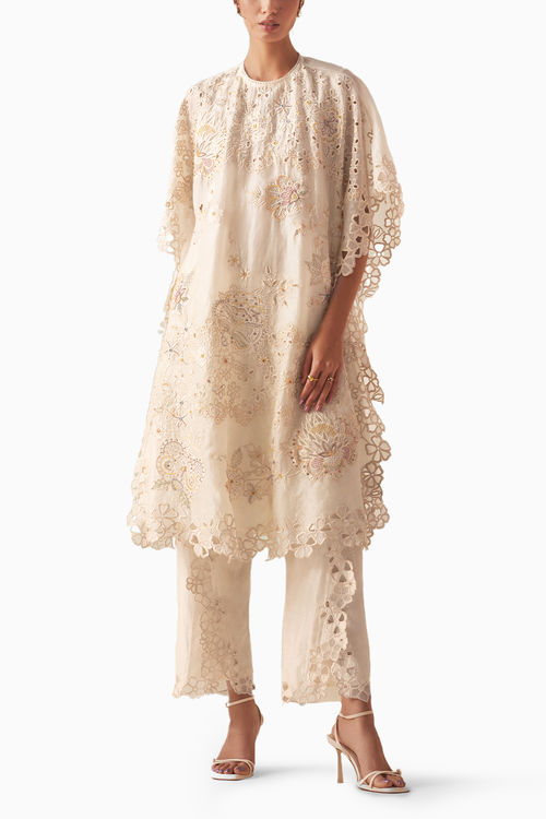 Ivory Tonal Beadwork And Cutwork Kaftan and Pants