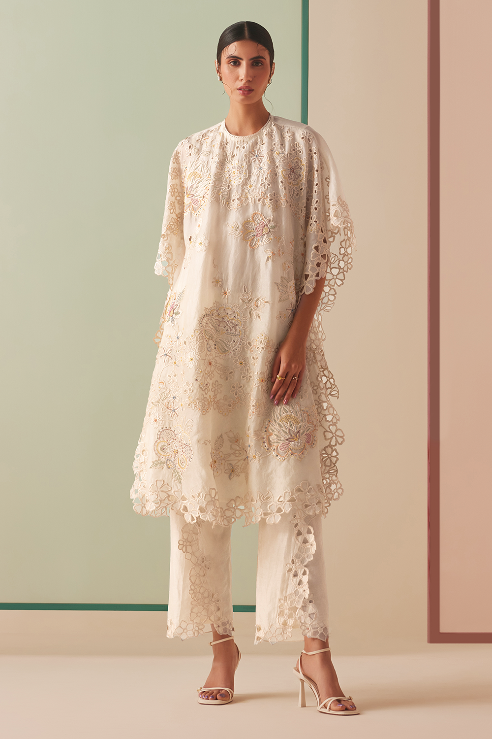 Ivory Tonal Beadwork And Cutwork Kaftan and Pants