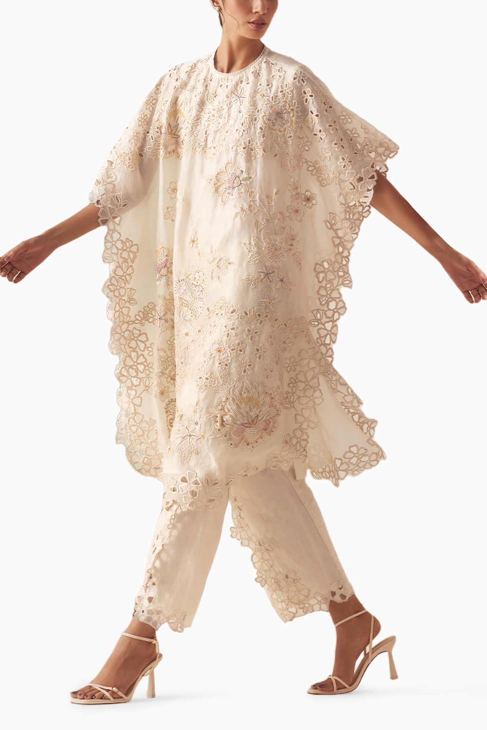 Ivory Tonal Beadwork And Cutwork Kaftan and Pants