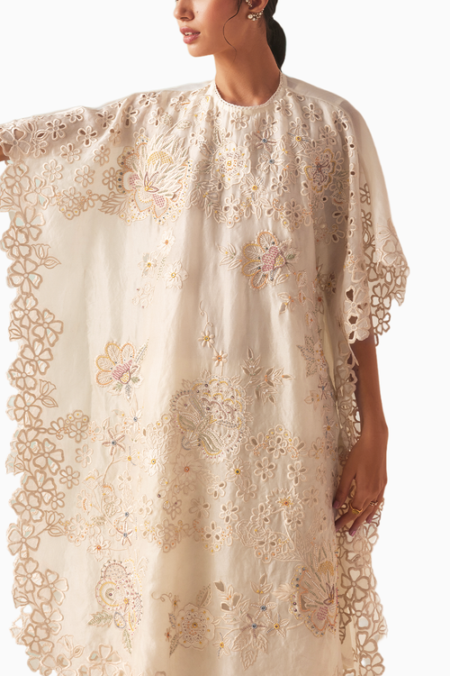 Ivory Tonal Beadwork And Cutwork Kaftan and Pants