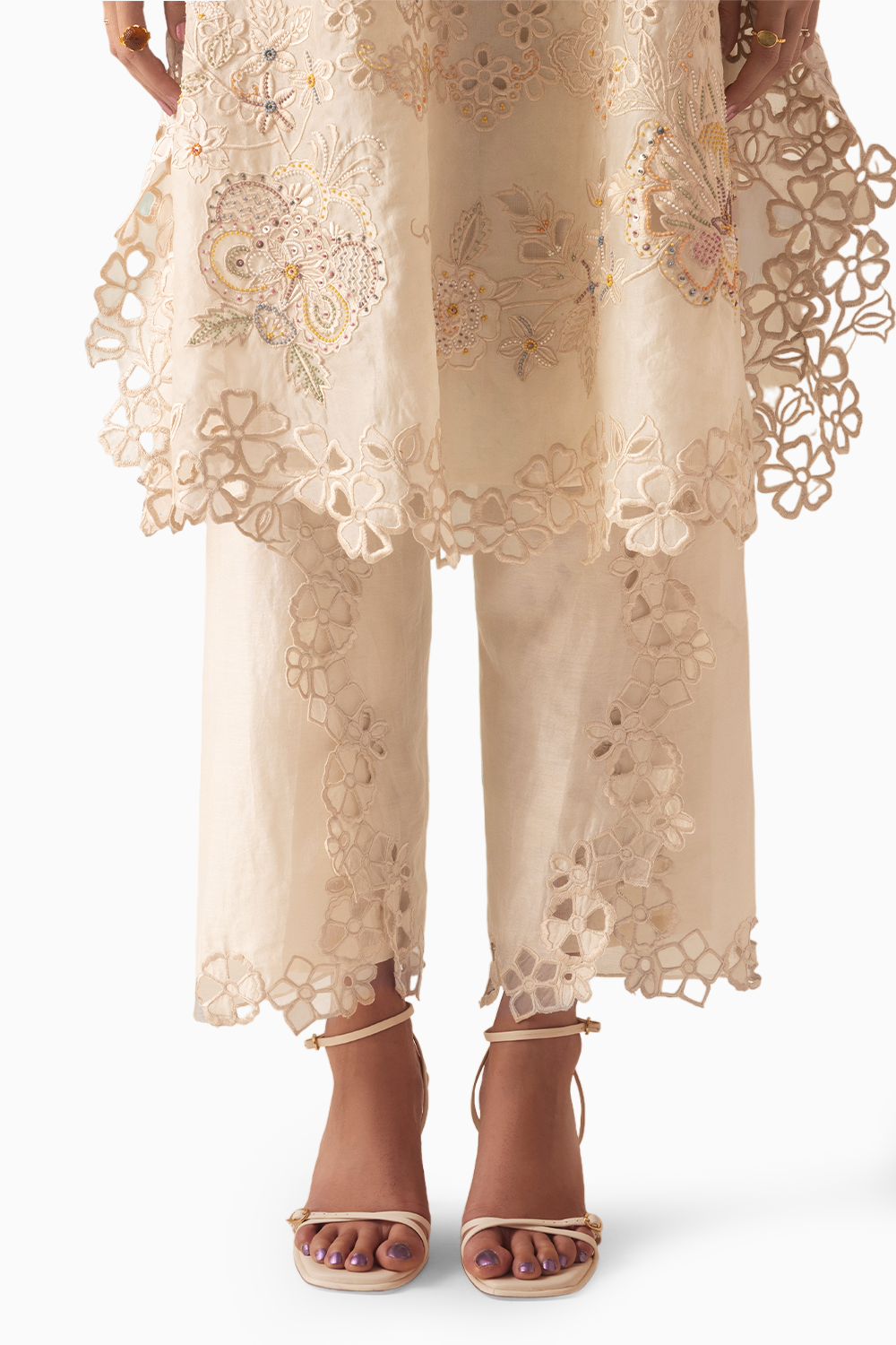 Ivory Tonal Beadwork And Cutwork Kaftan and Pants