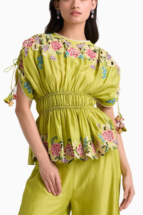 Lime Green Floral Cutwork Ruched Top