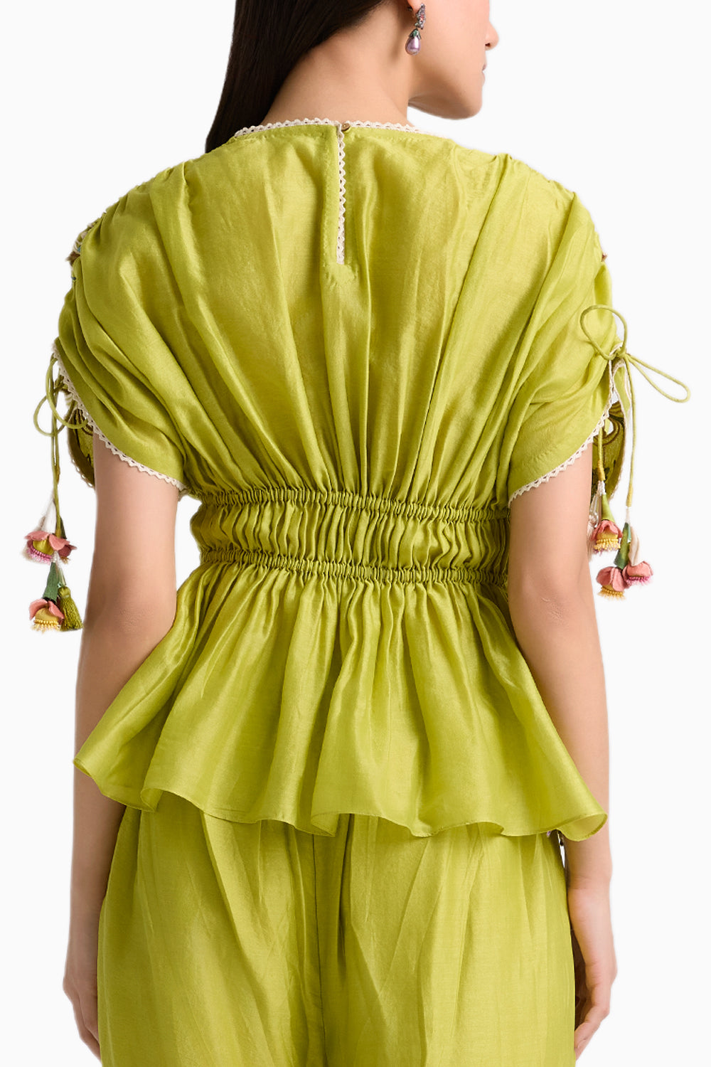 Lime Green Floral Cutwork Ruched Top