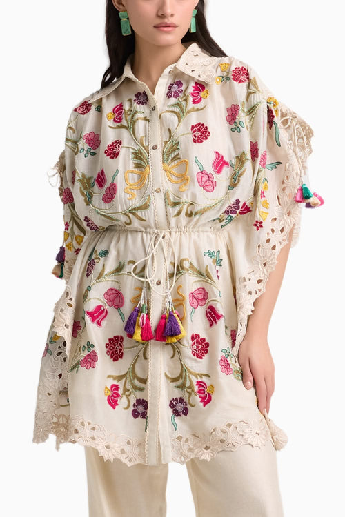Ivory Floral Embroidered Kaftan Shirt