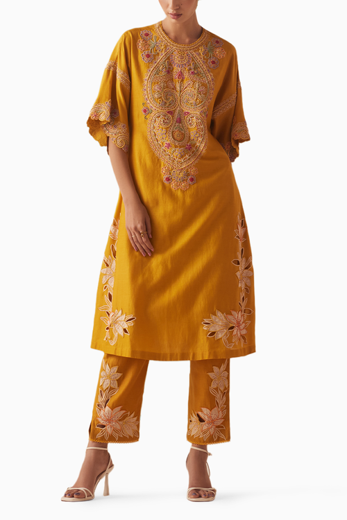 Mustard Contrast Embroidered Yoke Detail Kurta With Pants