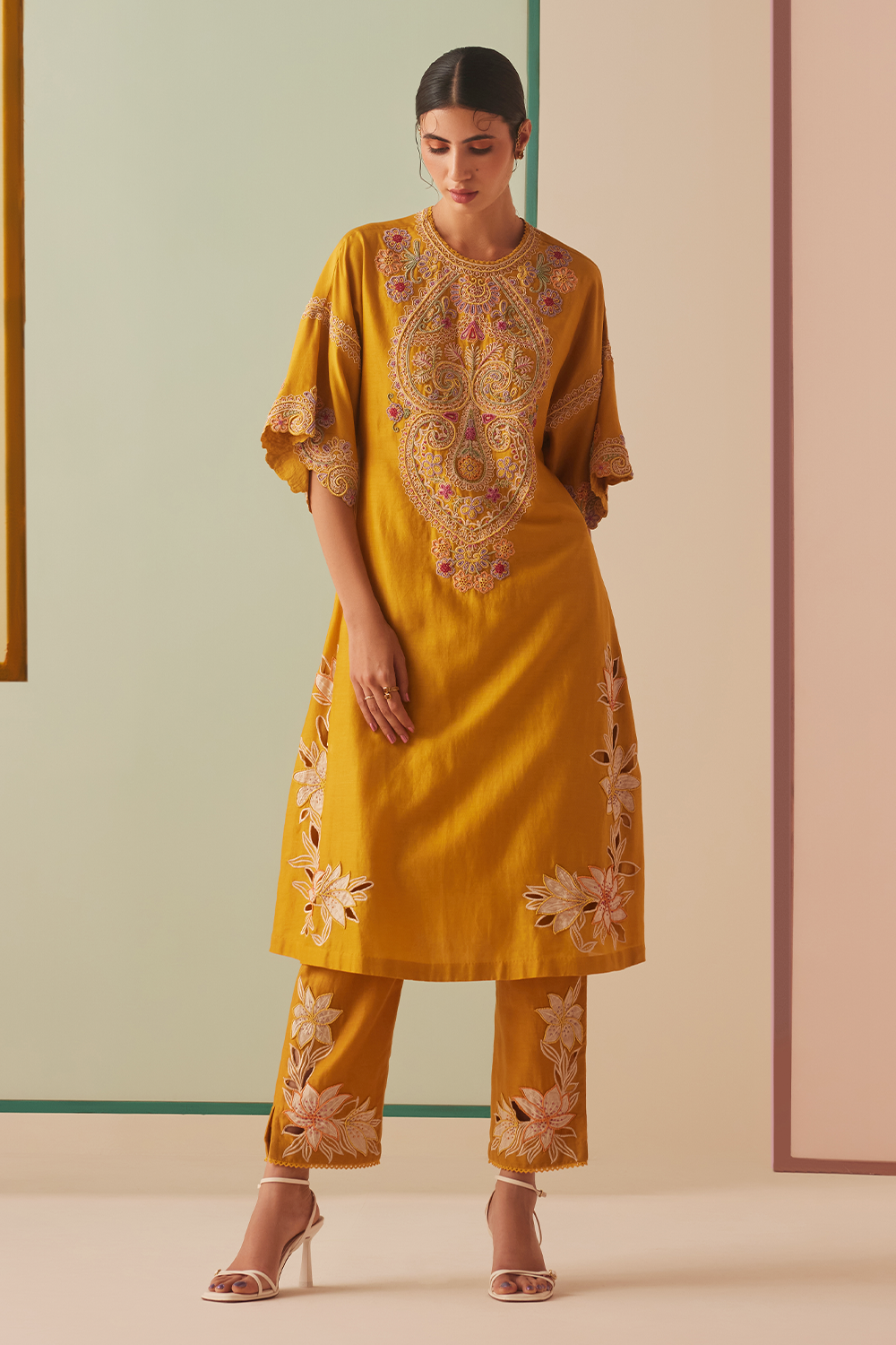 Mustard Contrast Embroidered Yoke Detail Kurta With Pants