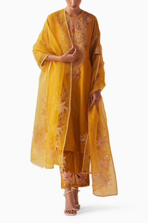 Mustard Contrast Embroidered Detail Kurta With Pants and Pants