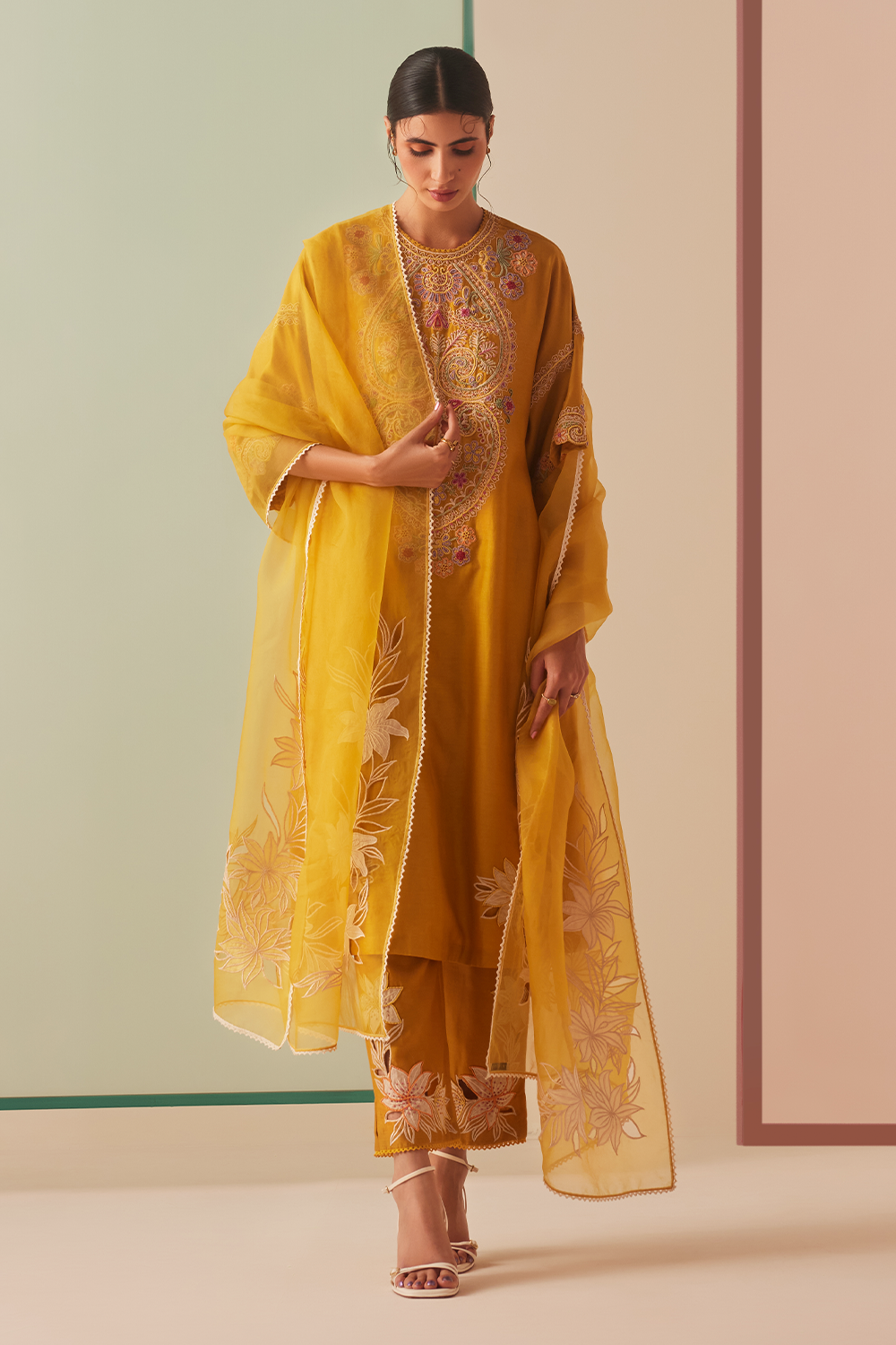 Mustard Contrast Embroidered Detail Kurta With Pants and Pants