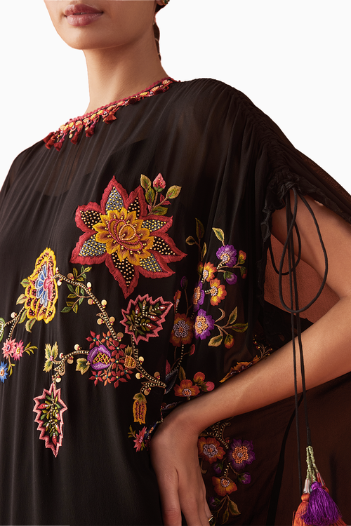 Black Threadwork Kaftan Tulip Pants