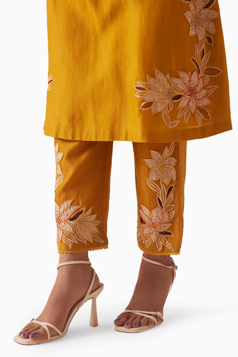 Mustard Contrast Embroidered Yoke Detail Kurta With Pants