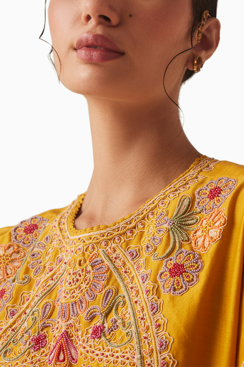 Mustard Contrast Embroidered Detail Kurta With Pants and Pants