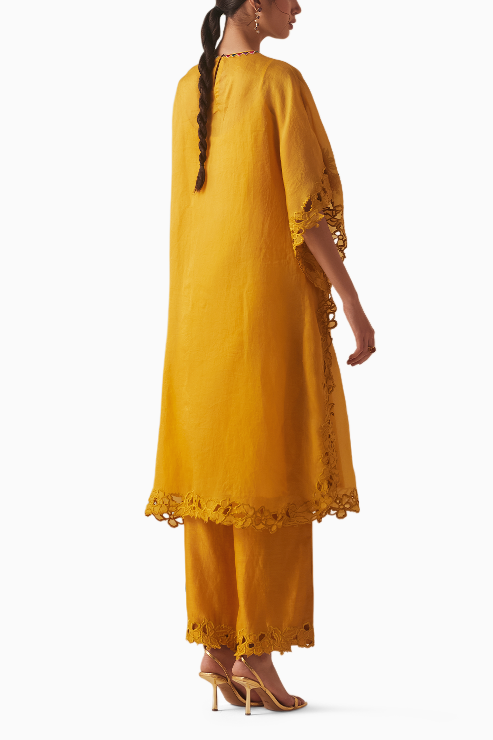 Mustard Thread Work And Beadwork Kurta With Organza Detail Pants