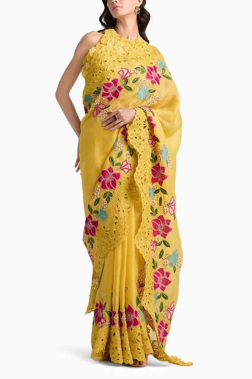 Yellow Floral Appliqué and Cutwork Sari