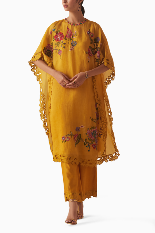 Mustard Thread Work And Beadwork Kurta With Organza Detail Pants