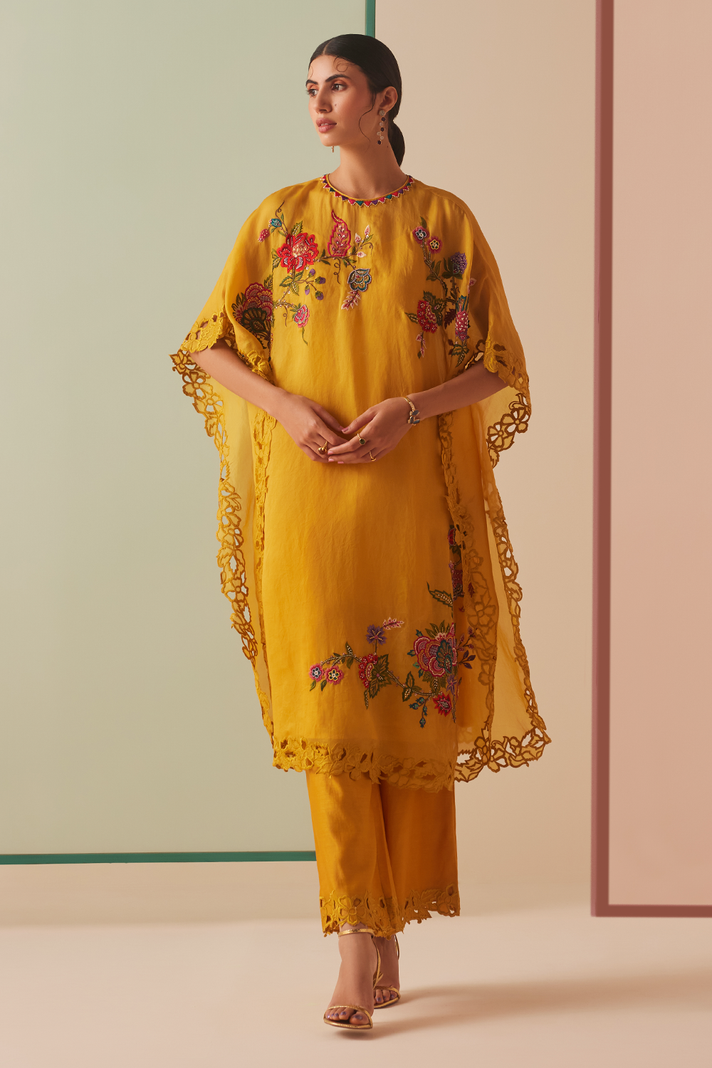 Mustard Thread Work And Beadwork Kurta With Organza Detail Pants