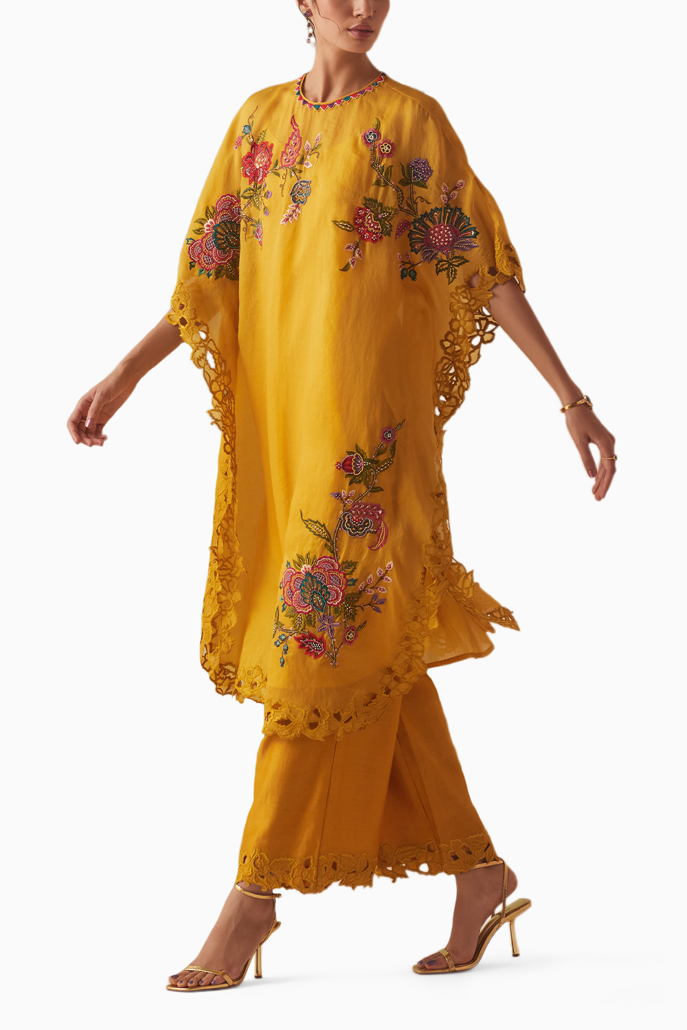 Mustard Thread Work And Beadwork Kurta With Organza Detail Pants