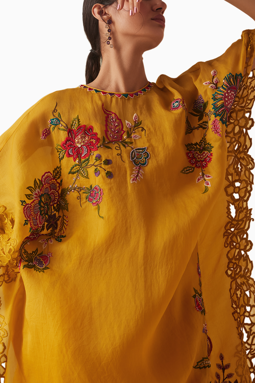Mustard Thread Work And Beadwork Kurta With Organza Detail Pants