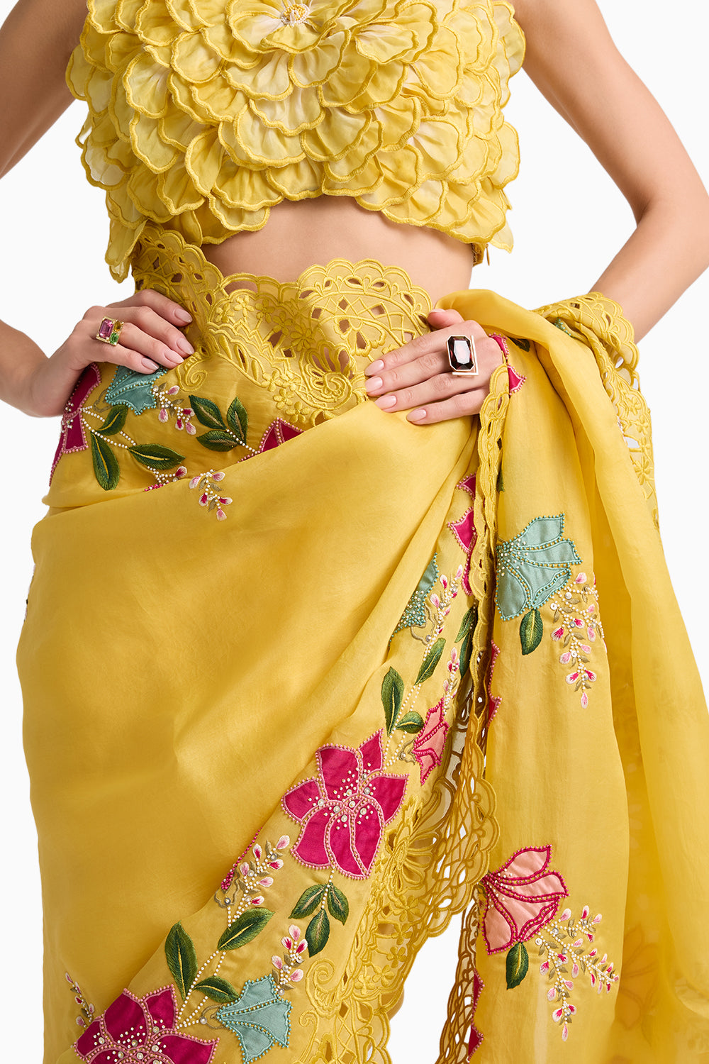 Yellow Floral Appliqué and Cutwork Sari