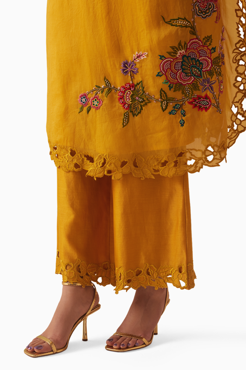 Mustard Thread Work And Beadwork Kurta With Organza Detail Pants