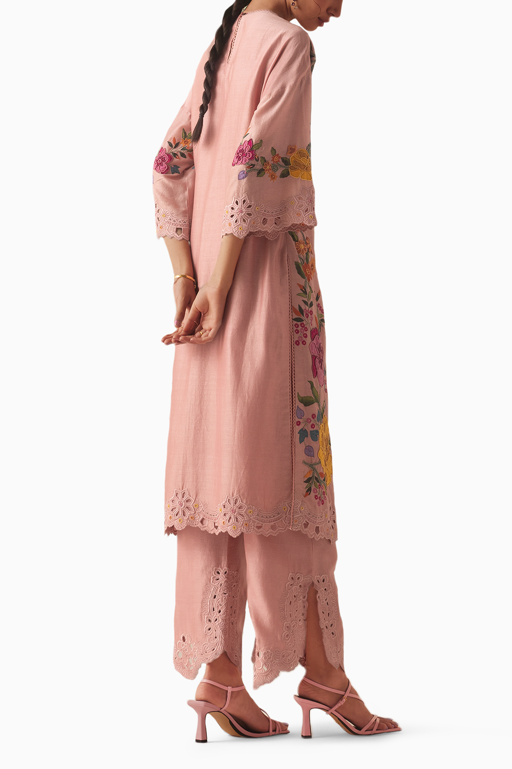 Old Rose Applique Kurta With Cutwork Pants and Dupatta