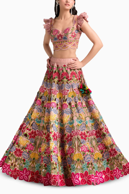 Soft Pink Multicolor Floral Lehenga Set