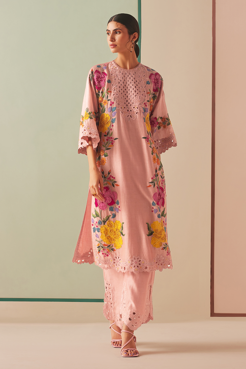 Old Rose Applique And Beadwork Kurta With Cutwork Pants