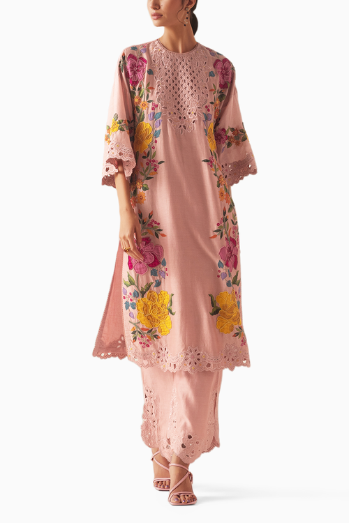 Old Rose Applique And Beadwork Kurta With Cutwork Pants