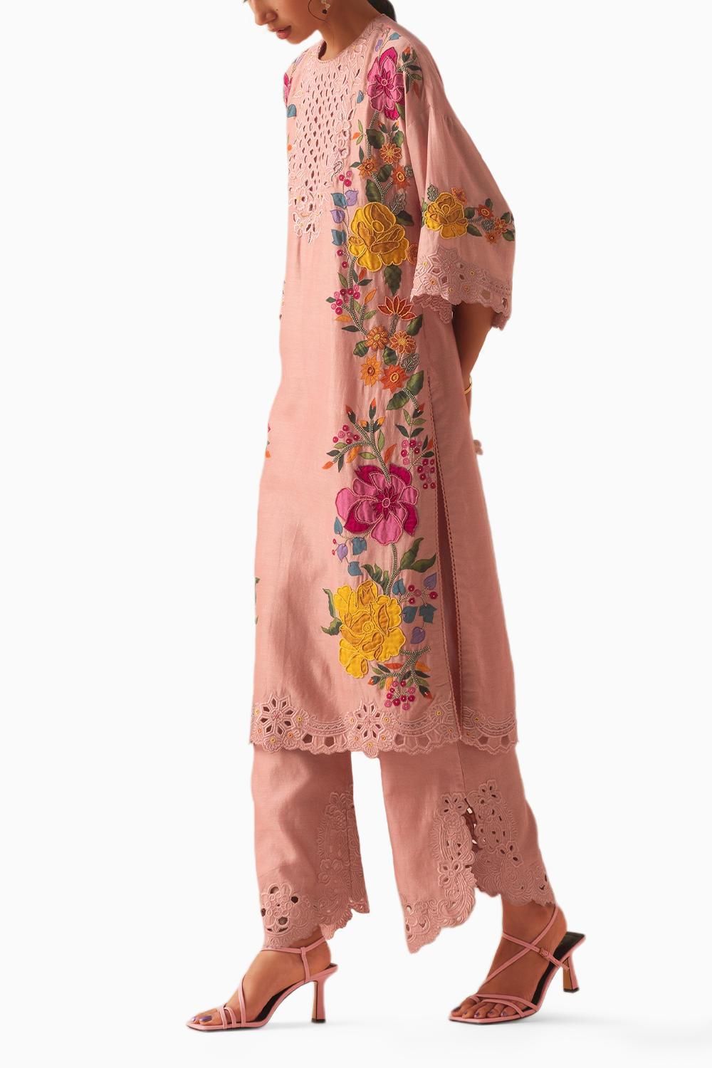 Old Rose Applique And Beadwork Kurta With Cutwork Pants