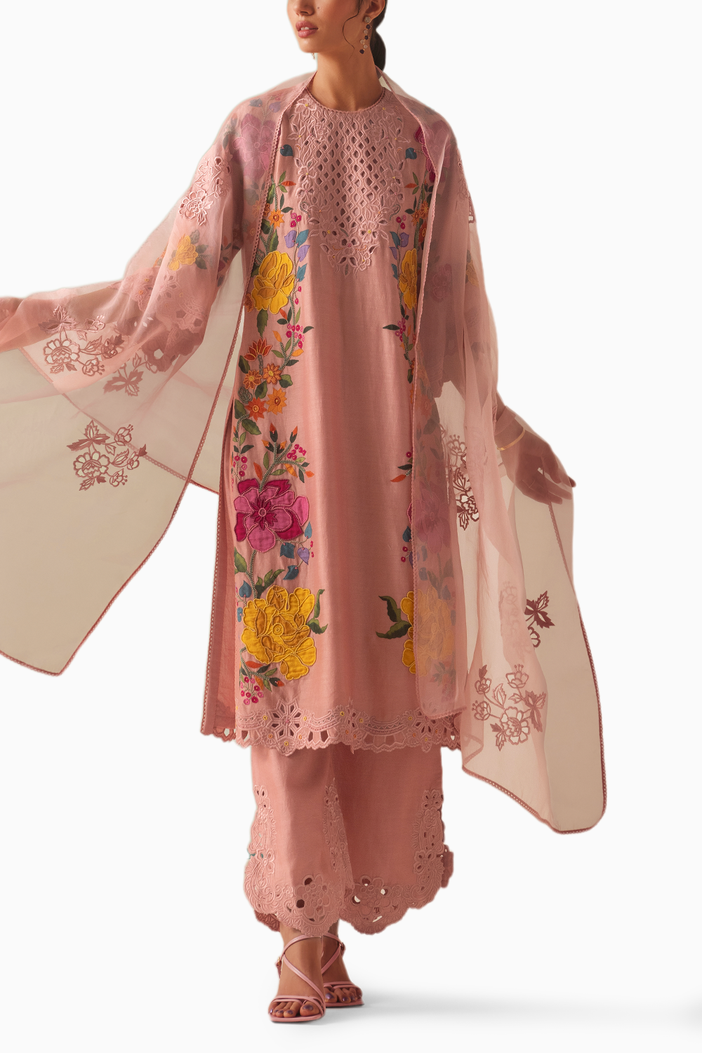 Old Rose Applique Kurta With Cutwork Pants and Dupatta