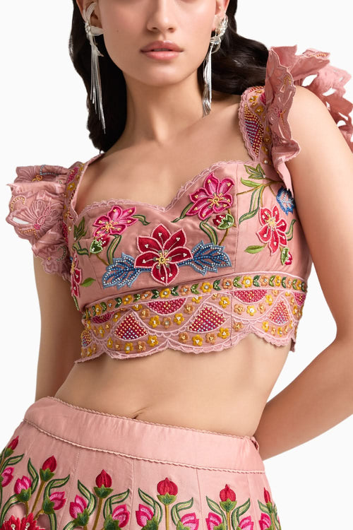 Soft Pink Multicolor Floral Lehenga Set