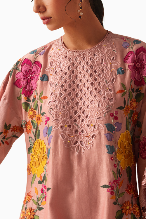 Old Rose Applique Kurta With Cutwork Pants and Dupatta