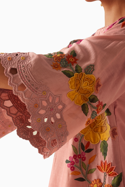 Old Rose Applique And Beadwork Kurta With Cutwork Pants
