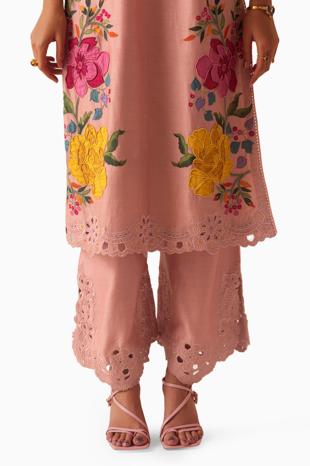 Old Rose Applique Kurta With Cutwork Pants and Dupatta