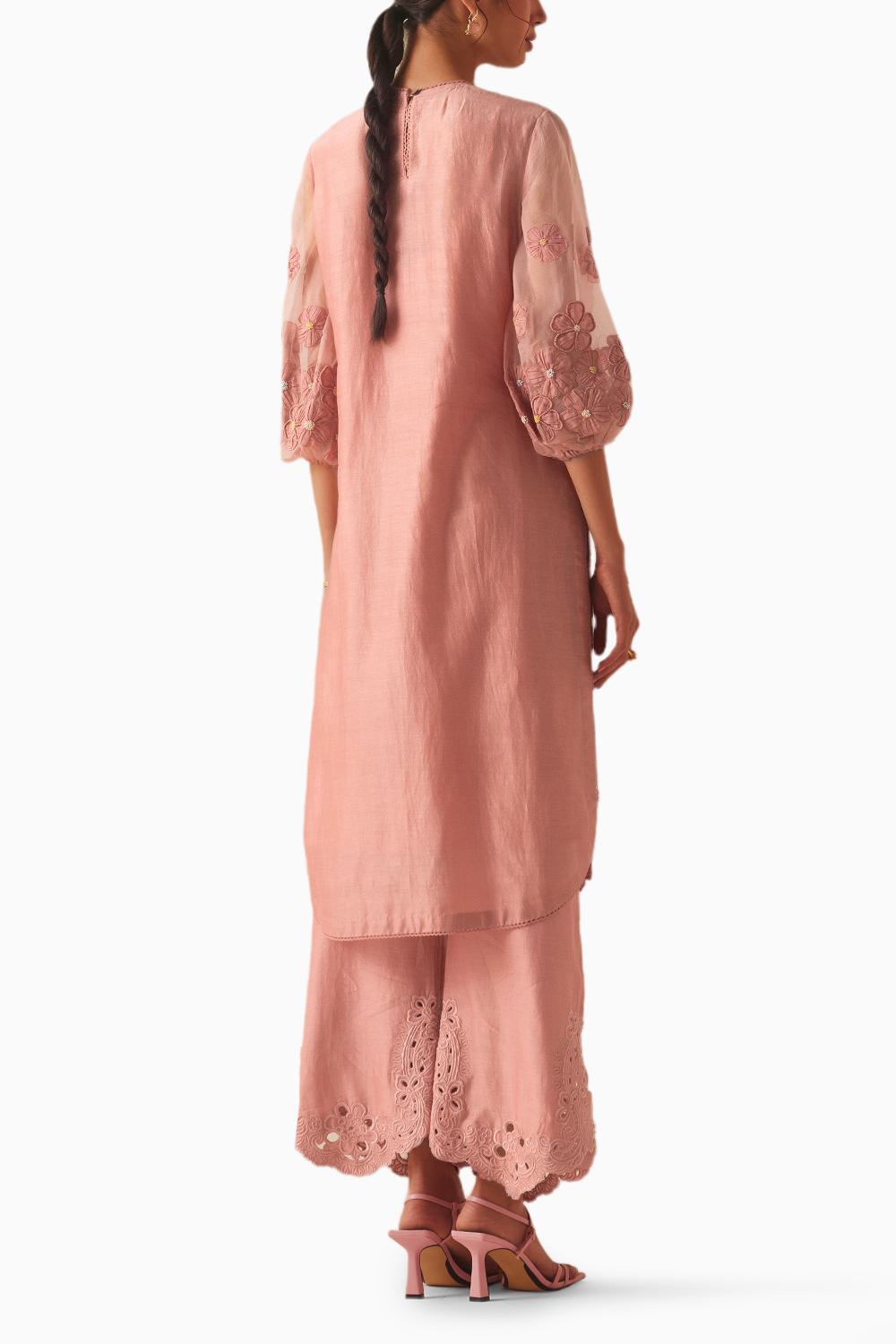 Old Rose Cutwork And Beadwork Kurta With Cutwork Pants