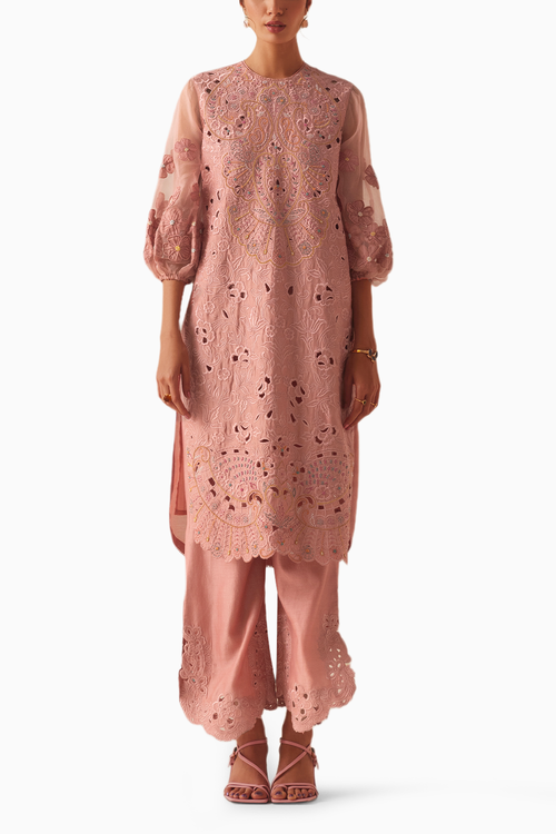 Old Rose Cutwork And Beadwork Kurta With Cutwork Pants