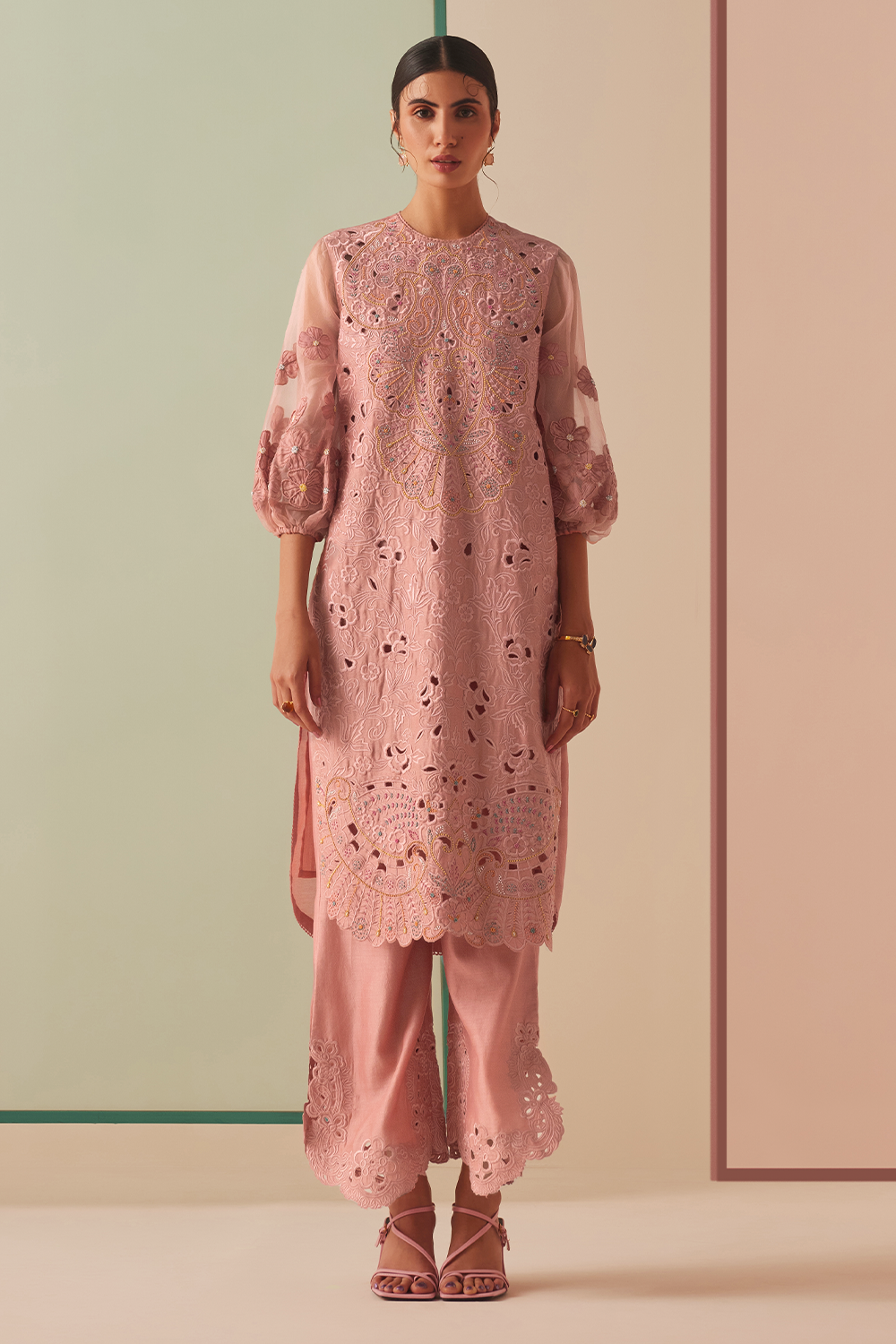 Old Rose Cutwork And Beadwork Kurta With Cutwork Pants