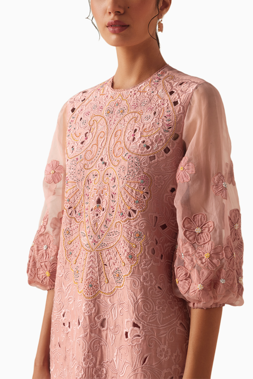 Old Rose Cutwork And Beadwork Kurta With Cutwork Pants