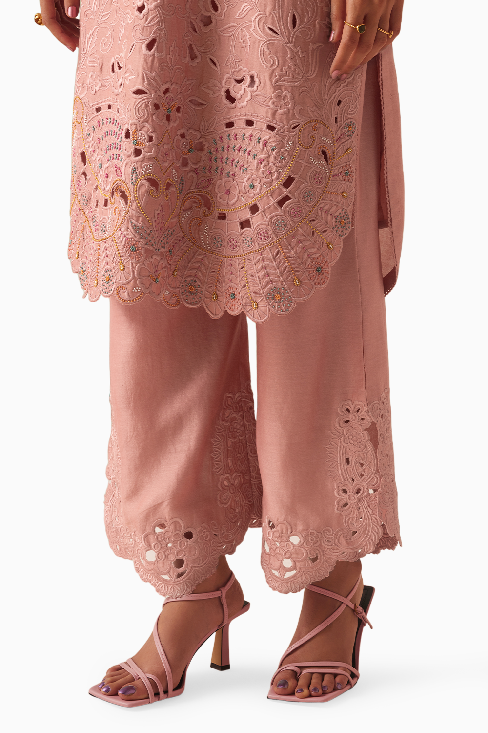 Old Rose Cutwork And Beadwork Kurta With Cutwork Pants