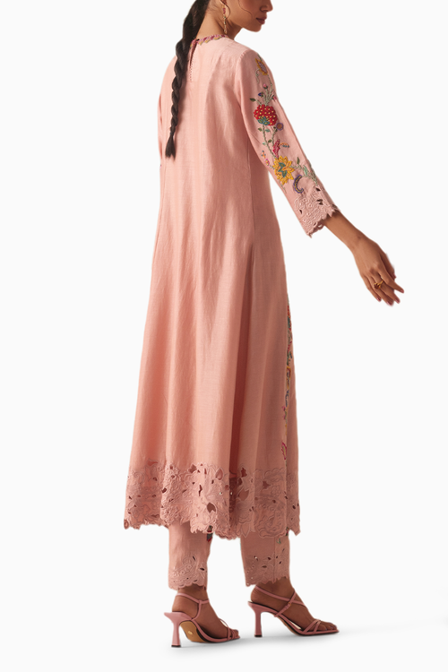 Old Rose Embroidered Flared Kurta With Embroidered Pants